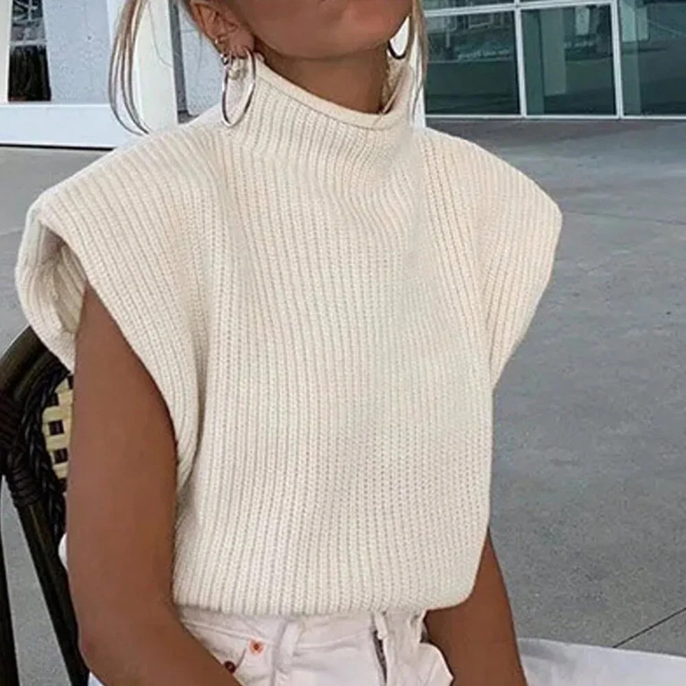 Beige Casual Women's Stand Collar Loose Knitted Sweater